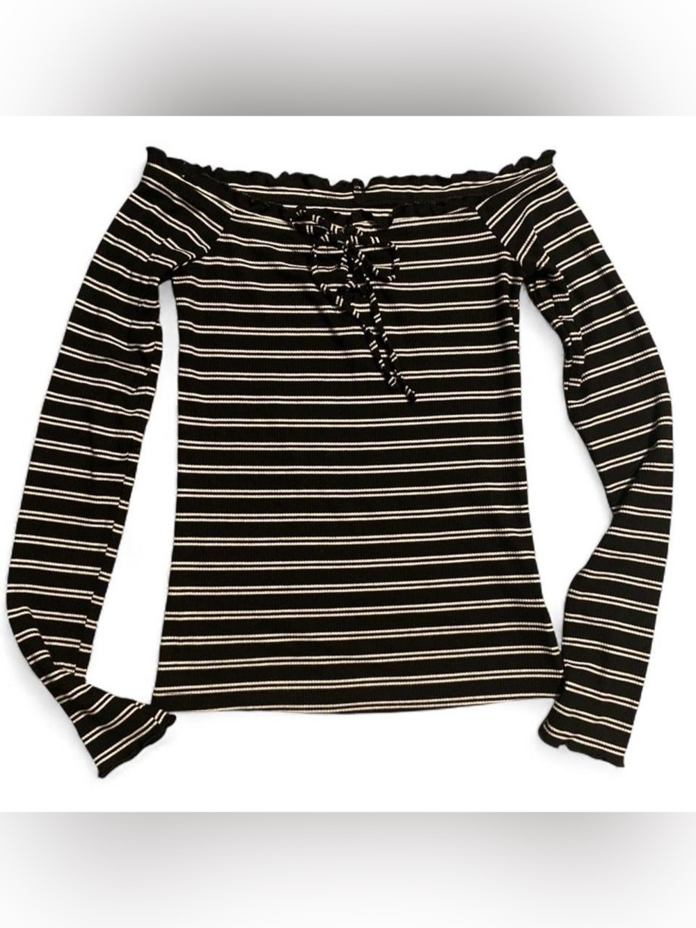 Aeropostale Black and White Striped Off-Shoulder Lace-Up Long Sleeve Top